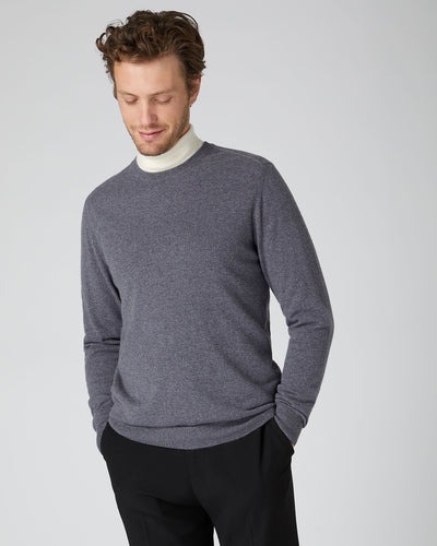 N.Peal Men's Baby Cashmere Round Neck Jumper Dark Grey