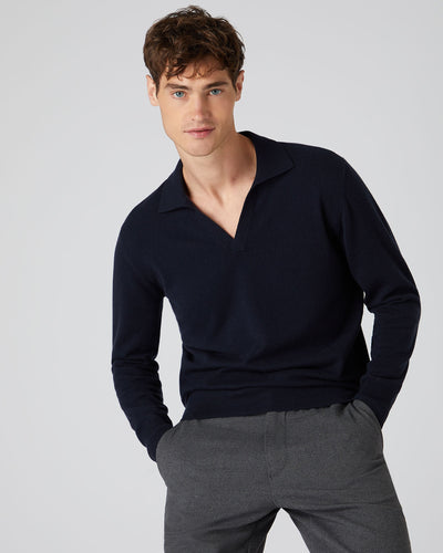 N.Peal Men's Cashmere Polo Jumper Navy Blue