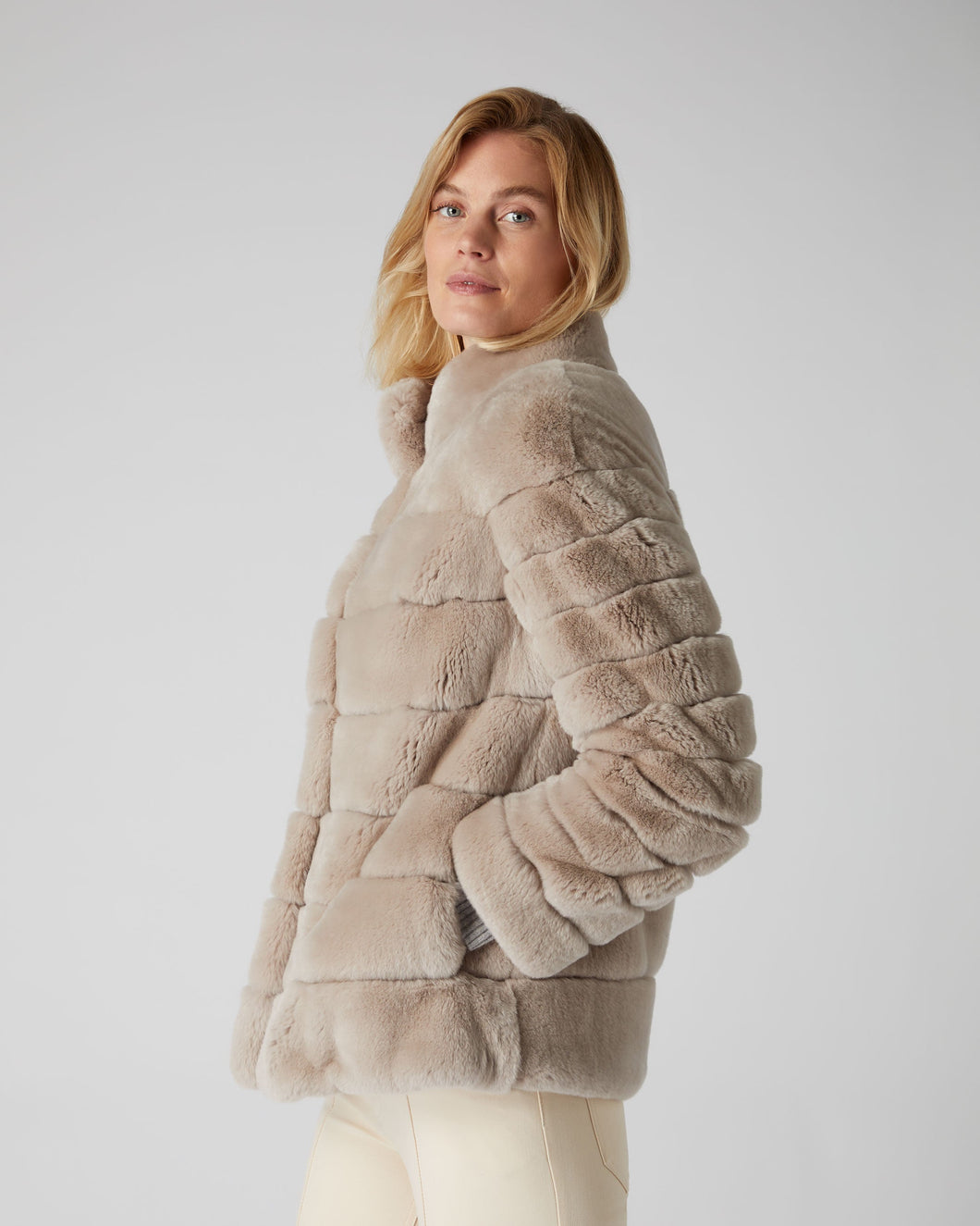 N.Peal Women's Rex Fur Ribbed Jacket Snow Grey