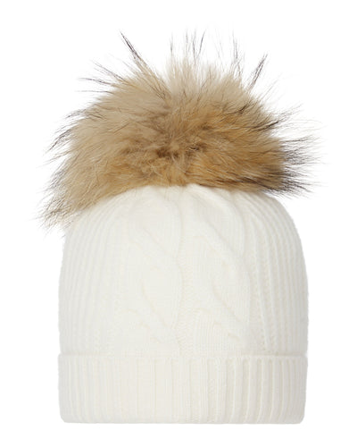 N.Peal Women's Cable Cashmere Hat With Fur Pom New Ivory White