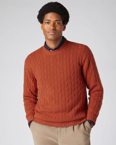 N.Peal Men's The Thames Cable Cashmere Jumper Dark Amber Orange