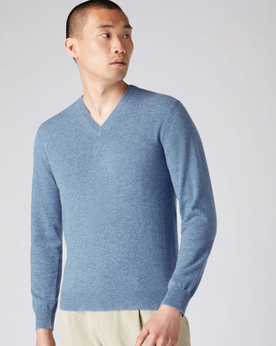 N.Peal Men's The Burlington V Neck Cashmere Jumper Faded Indigo Blue