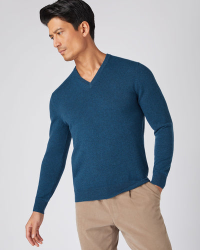 N.Peal Men's The Burlington V Neck Cashmere Jumper Lagoon Blue