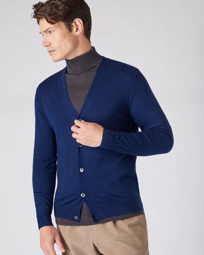 N.Peal Men's Fine Gauge Cashmere Cardigan French Blue