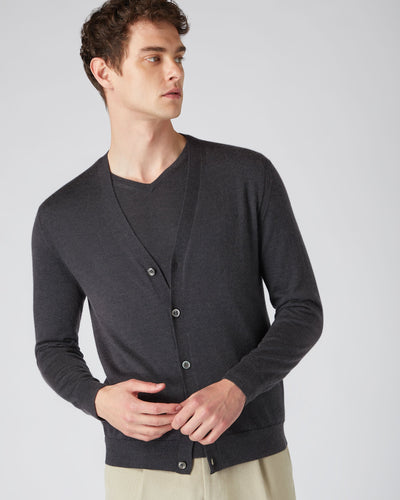 N.Peal Men's Fine Gauge Cashmere Cardigan Flint Grey