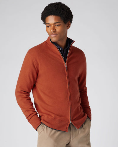 N.Peal Men's The Knightsbridge Zip Cashmere Jumper Dark Amber Orange