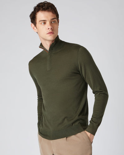 N.Peal Men's The Regent Fine Gauge Cashmere half Zip Jumper Montana Green