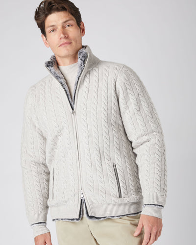 N.Peal Men's Fur Lined Cable Cardigan Pebble Grey