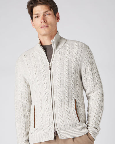 N.Peal Men's The Richmond Cable Cashmere Cardigan Pebble Grey