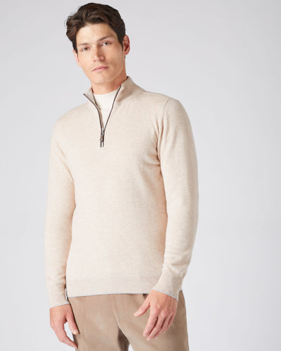 N.Peal Men's The Carnaby Half Zip Cashmere Jumper Heather Beige Brown