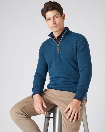 N.Peal Men's The Carnaby Half Zip Cashmere Jumper Lagoon Blue