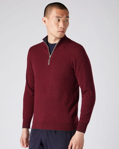 N.Peal Men's The Carnaby Half Zip Cashmere Jumper Shiraz Melange Red