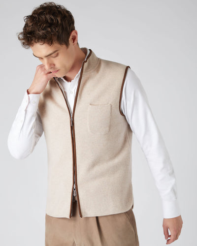 N.Peal Men's Milano Suede Trim Cashmere Gilet Heather Beige Brown