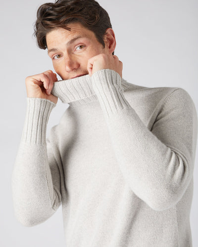 N.Peal Men's Chunky Roll Neck Cashmere Jumper Pebble Grey