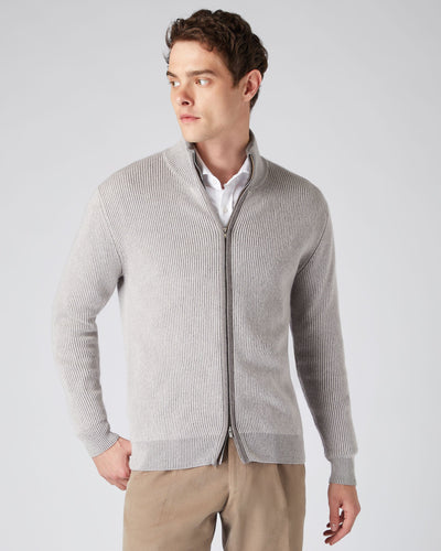 N.Peal Men's Two Tone Rib Full Zip Cashmere Cardigan Snow Grey