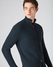 Load image into Gallery viewer, N.Peal Men&#39;s Ribbed Zip Through Cashmere Cardigan Grigio Blue
