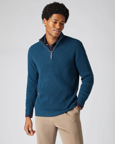 N.Peal Men's Ribbed Half Zip Cashmere Jumper Lagoon Blue