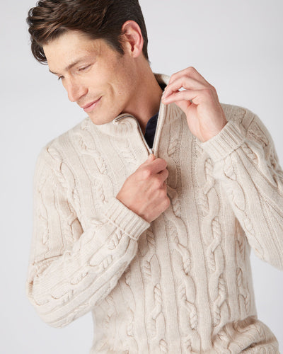 N.Peal Men's Textured Cable Half Zip Cashmere Jumper Heather Beige Brown