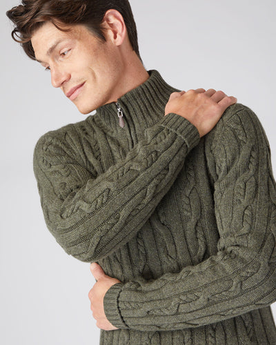 N.Peal Men's Textured Cable Half Zip Cashmere Jumper Moss Green