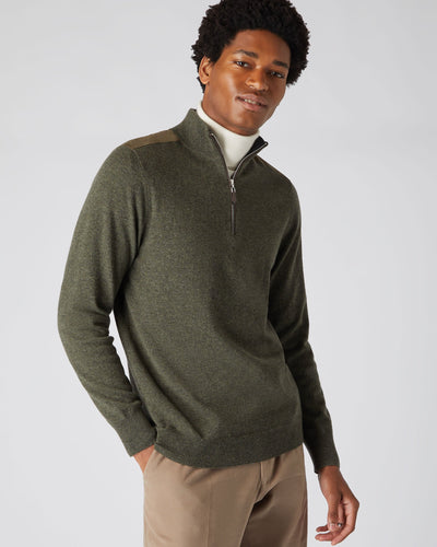 N.Peal Men's Patch Detail Half Zip Cashmere Jumper Moss Green