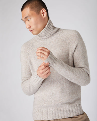 N.Peal Men's Marl Roll Neck Cashmere Jumper Basilica Beige Brown Marl