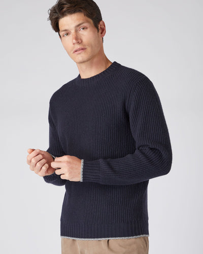 N.Peal Men's Chunky Rib Cashmere Jumper Navy Blue