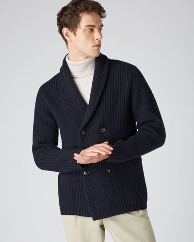 N.Peal Men's Double Breasted Cashmere Cardigan Navy Blue