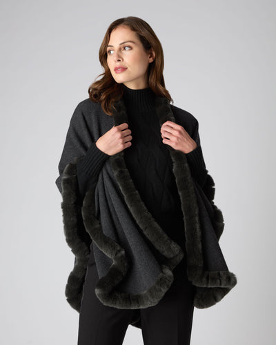 N.Peal Women's Cape With Fur Trim Edge Dark Charcoal Grey