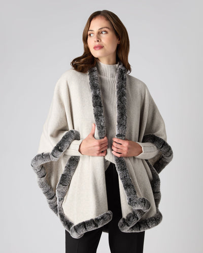 N.Peal Women's Cape With Fur Trim Edge Pebble Grey