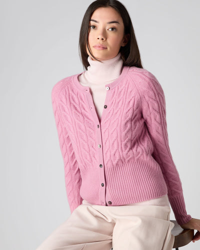 N.Peal Women's Cable Cashmere Cardigan Burano Pink