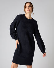 Load image into Gallery viewer, N.Peal Women&#39;s Crew Neck Cable Cashmere Dress Navy Blue
