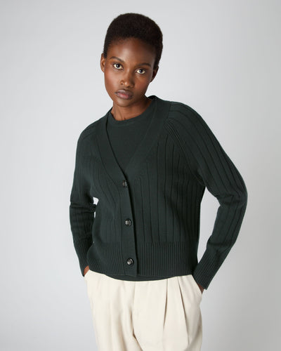 N.Peal Women's Wide Rib Cashmere Cardigan Dark Green