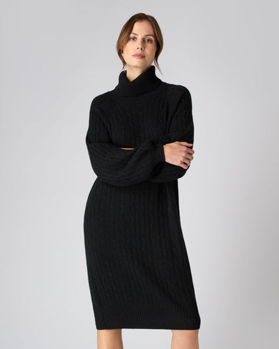 N.Peal Women's Roll Neck Cable Cashmere Dress Black