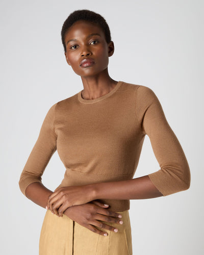 N.Peal Women's Superfine Crop Cashmere Jumper Dark Camel Brown