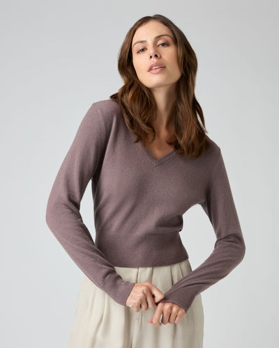 N.Peal Women's Crop V Neck Cashmere Jumper Grape Purple