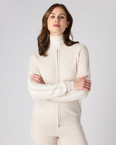 N.Peal Women's Lurex Detail Cashmere Bomber Ecru White