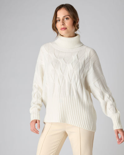 N.Peal Women's Relaxed Cable Roll Neck Cashmere Jumper New Ivory White