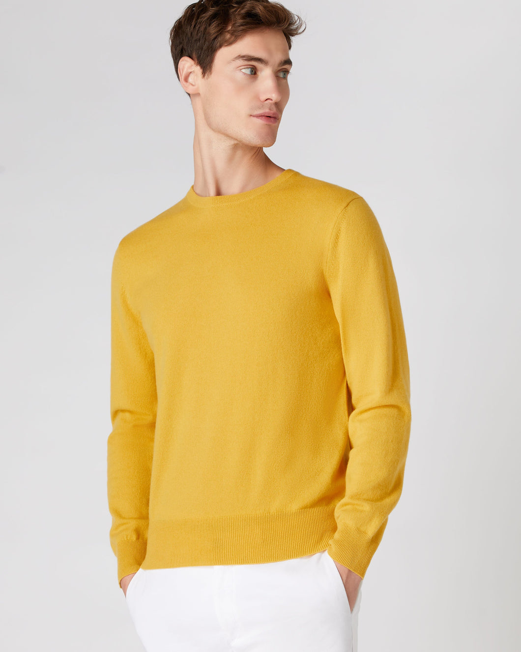 N.Peal Men's The Oxford Round Neck Cashmere Jumper Canary Yellow