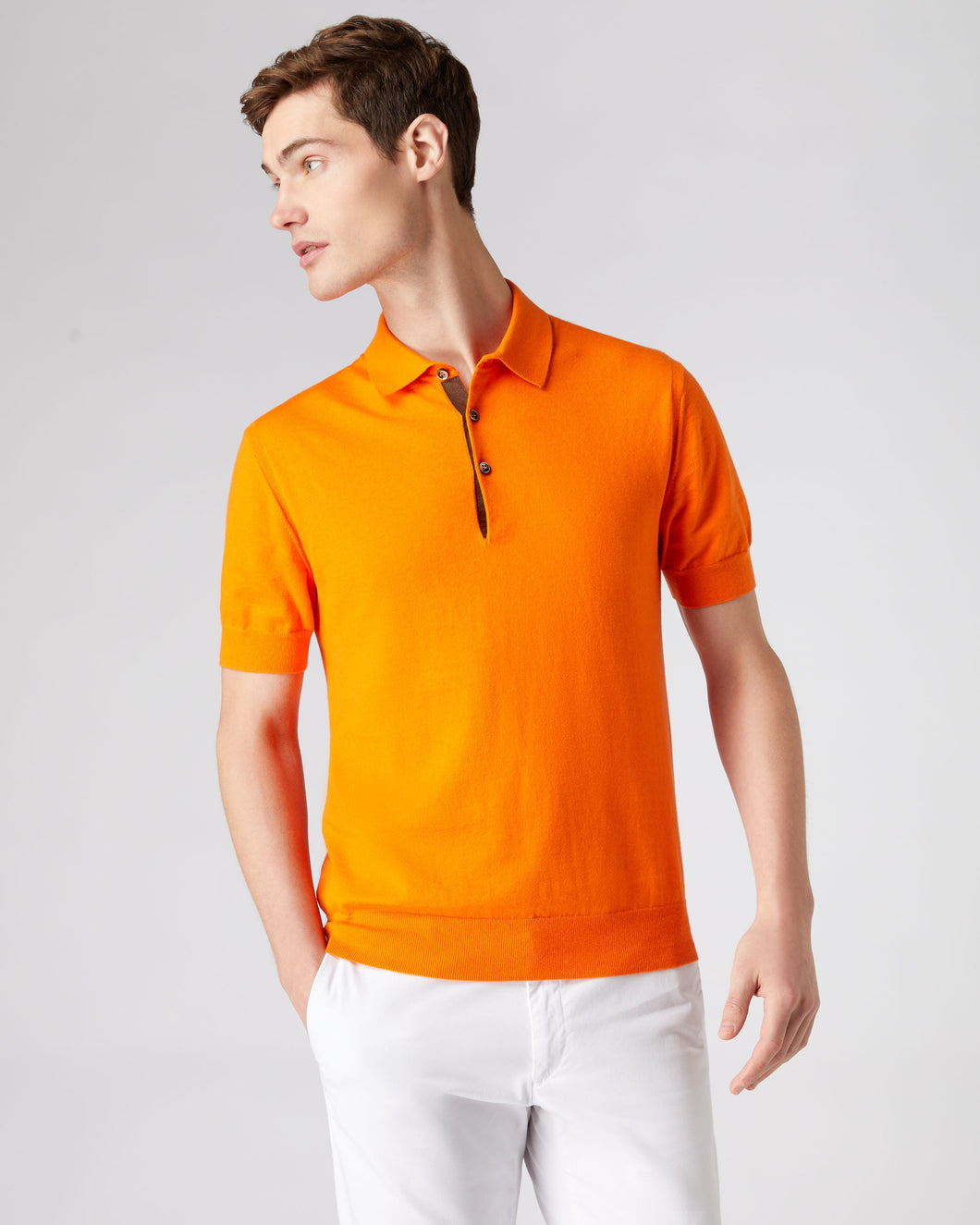 N.Peal Men's Short Sleeve Collared Cotton Cashmere Polo T Shirt Tangerine Orange