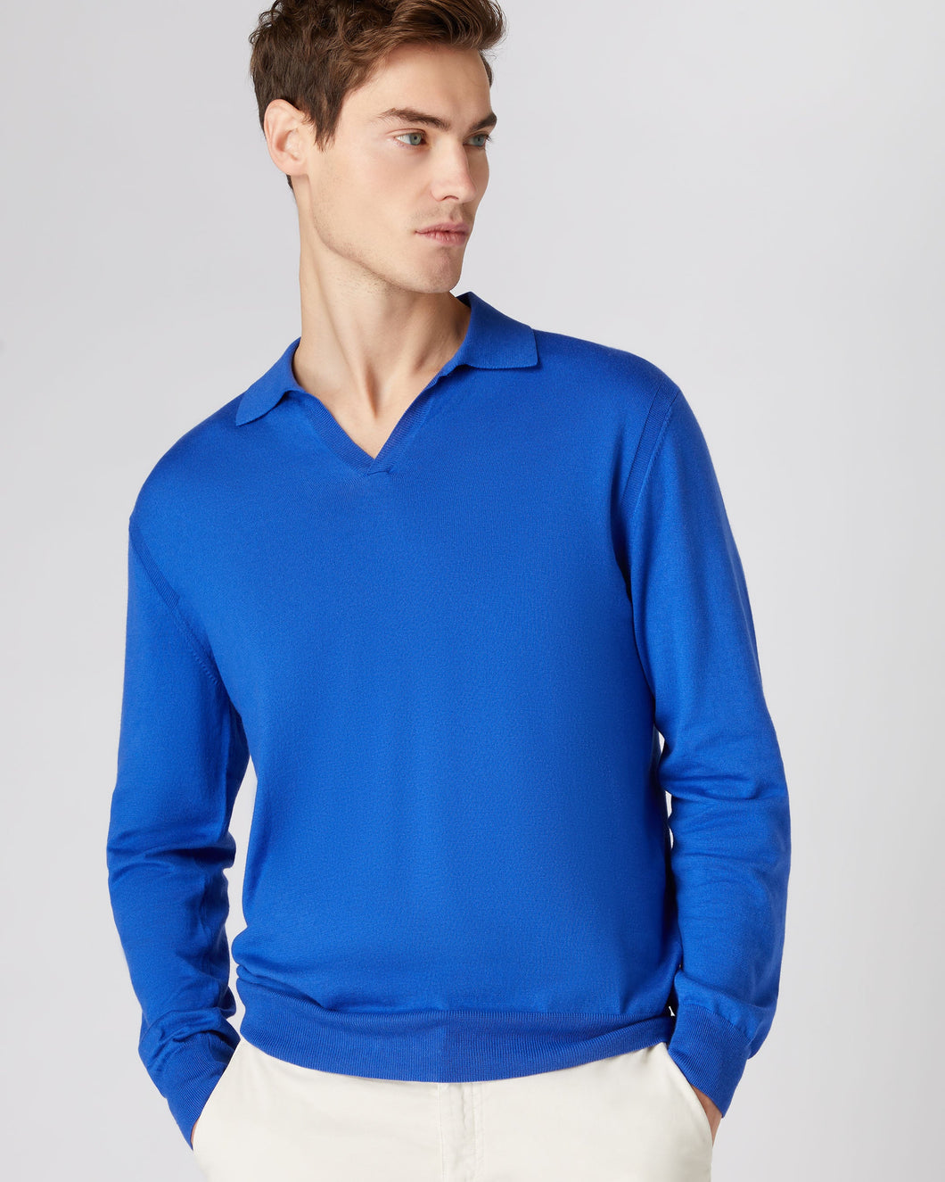 N.Peal Men's Polo Neck Cotton Cashmere Jumper Victoria Blue