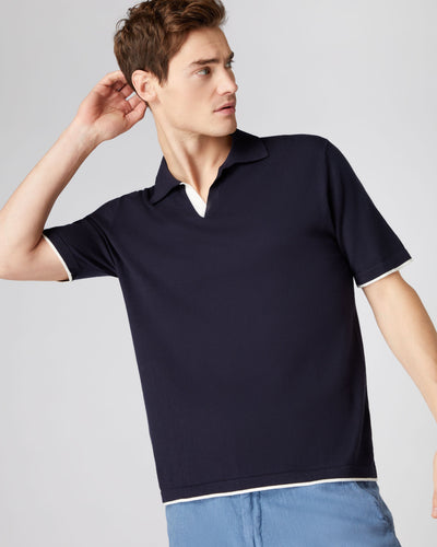 N.Peal Men's Contrast Cotton Cashmere Polo T Shirt Navy Blue