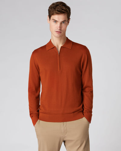 N.Peal Men's Fine Gauge Cashmere Half Zip Shirt Tawny Orange