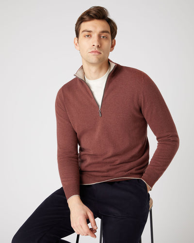 N.Peal Men's Carnaby Half Zip Cashmere Jumper Terracotta Brown